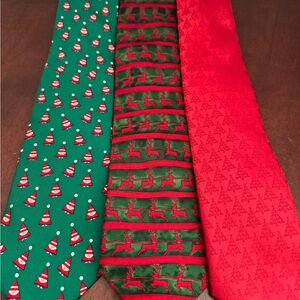 3 Men’s Christmas Tie Lot Holiday Gnome Reindeer Christmas Tree Red Green